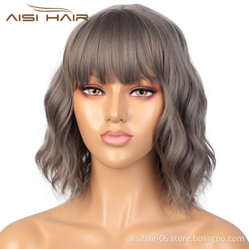 Aisi Hair Short Wavy Short Bob Gray Wig With Neat Bangs Body Wave Wig Heat Resistant Synthetic Fiber Wigs For Black White Women